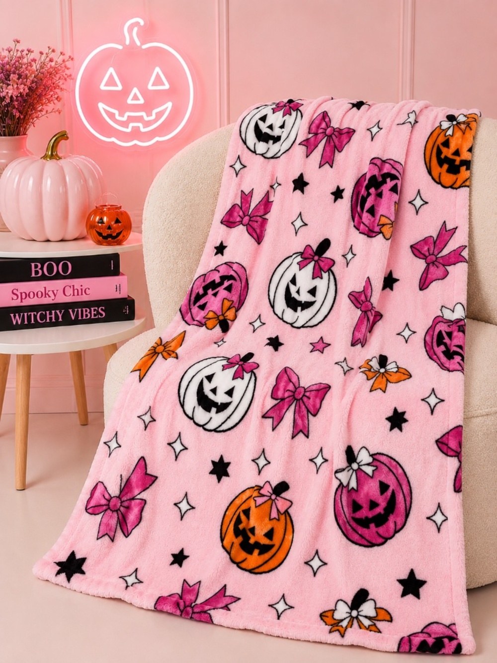 Pink Halloween Plush Throw Blanket Pumpkins Bows Fleece 60x70 Soft Cozy